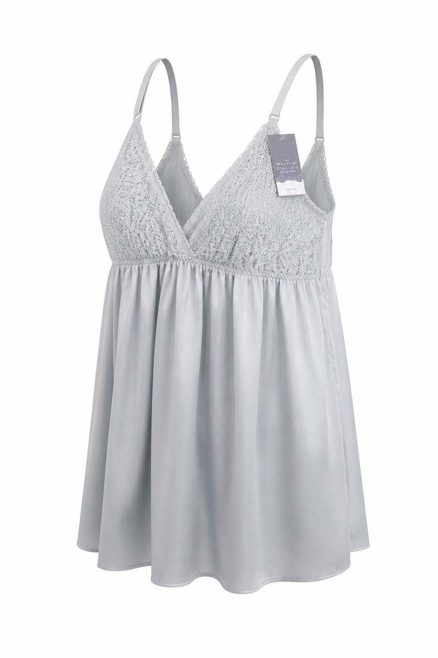 Cacique Seriously Sexy Lingerie Set SZ 22/24 Silver Lace Babydoll Chemise Sleep